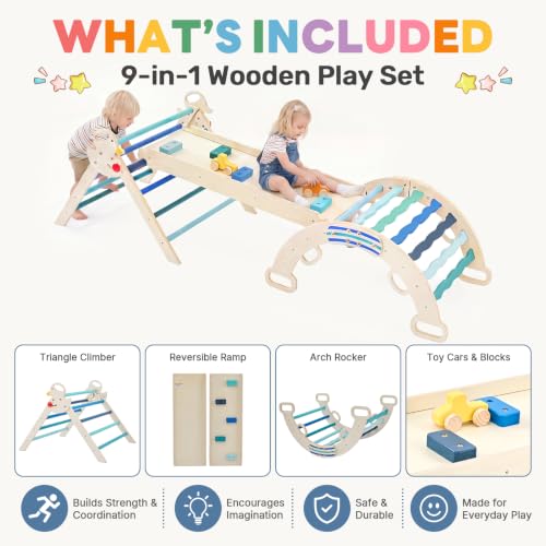 Pikler Triangle Set, 9-in-1 Foldable Montessori Climbing Toys for Toddlers, Wooden Indoor Playground with Climbing Arch, Reversible Ramp, Ladder, Toy Cars and Blocks, Blue - color: Blue