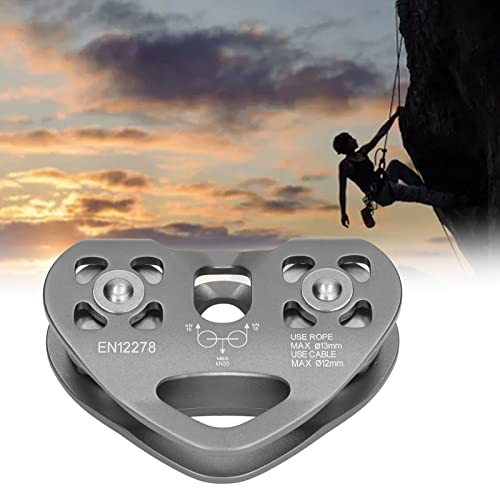 Tandem Speed Double Pulley, 25KN Pulley Climbing Pulley Pulley Aluminum Fixed Rope Pulley Zipline Trolley for Climbing Lifting Hauling Rigging (Gray)