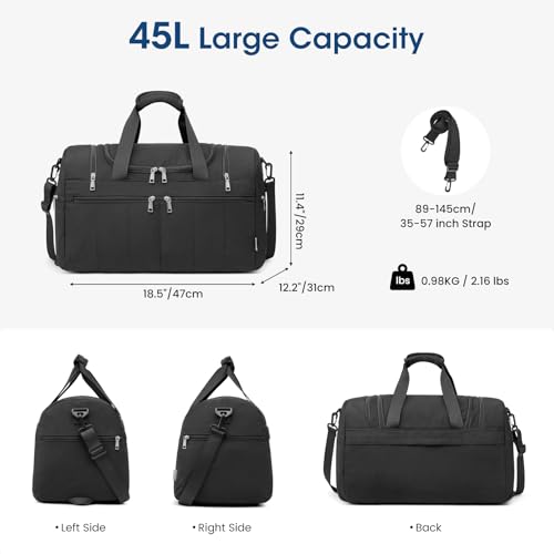 G4Free 45L Travel Duffle Bag for Women Men 3 in 1 Duffel Bags with Shoes Compartment Gym Backpack for Weekender Overnight, Black - color: Black