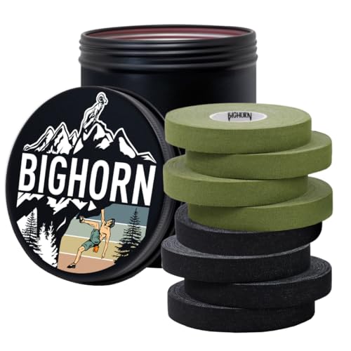 Bighorn Athletics Finger Tape, Male Tin, 0.5"x45ft, 8Rolls, Mil Green/Black | Climbing tape with retro design tape holder for tension support & bouldering. EZ tear, strong adhesive, residue-free. - color: Military Green & Black