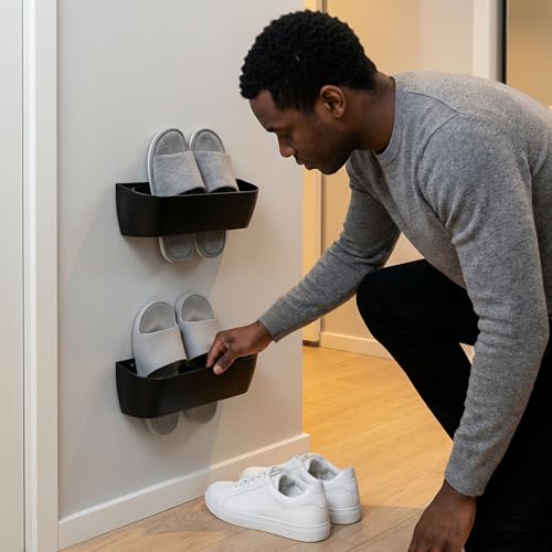 Wall Mount Shoe Rack 2 Pack Plastic Shoe Holders Storage Organizer | Self-Adhesive Shoe Storage for RV, Entryway & Wall, Plastic Wall Rack for Closet, No-Drill Organizer for Camper & Home
