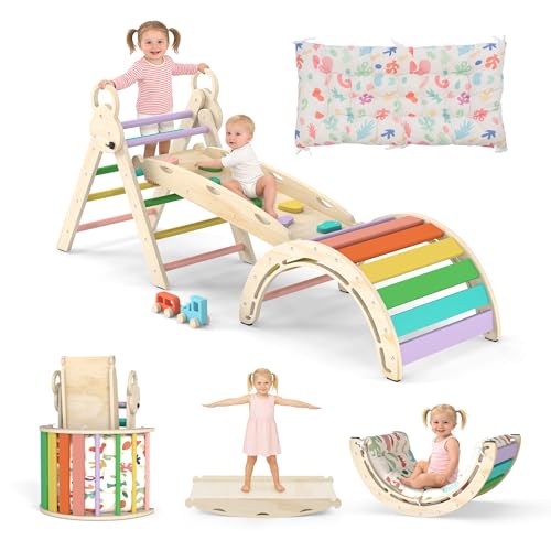 Pikler Triangle Set with Cushion, 7-in-1 Foldable Toddler Climbing Toys, Indoor Playground for Kids, Montessori Climbing Set Gift, Wooden Baby Jungle Gym, for Toddlers 1-3 (Rainbow) - size: 7-in-1 with Cushion