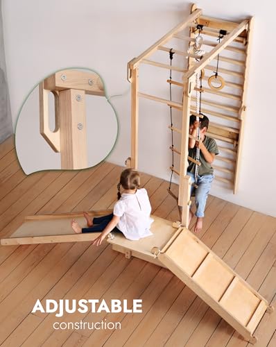 9-in-1 Wooden Indoor Climbing Frame for Children, Montessori-Inspired Climbing Set with Wall Bars, Monkey Bars, Pull-Up Bar, Rings, Swing, Rope Ladder, Climbing Board, Slide & Platform - size: Indoor Play Gym