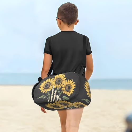 Kids Sports Duffel Bag for Boys & Girls - Skull Hand Skeleton Sunflower 100% Polyester Gym Bag with Separate Shoe Compartment, Adjustable Shoulder Strap, Compact Travel & Workout Gear - color: Skull Hand Skeleton Sunflower