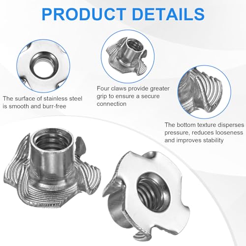 M METERXITY 10-Pack 5/16-UNC T-nut, 3/8" Barrel Length Stainless Steel 4-Pronged Tee Nut Threaded Insert for Wood/Rock Climbing Holds/Furniture, Corrosion Resistant Fasteners - size: 5/16-UNC