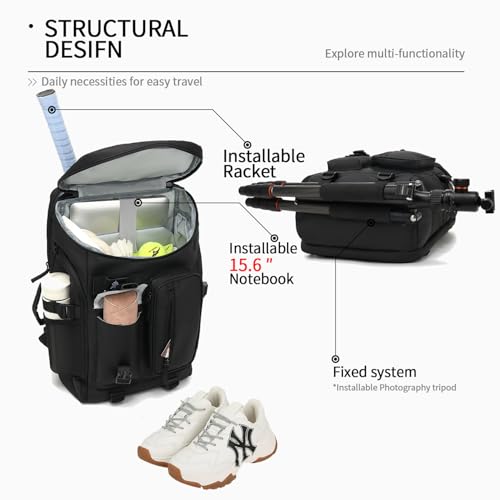 tennis mountain climbing travel backpack, independent shoe compartment for sports and fitness, waterproof 15.6-inch computer bag - color: Black