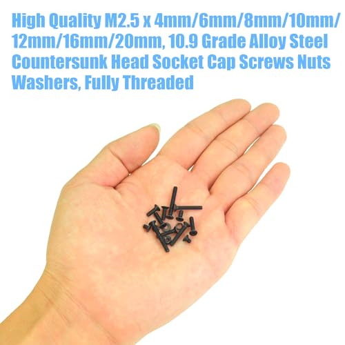 DYWISHKEY 566 Pieces M2.5 Black Screws, 10.9 Grade Alloy Steel M2.5X 4/6 /8/10 /12/16 /20mm Countersunk Head Socket Cap Screws Bolts Nuts Washers Assortment Kit - size: M2.5, style: Countersunk Head Socket Cap