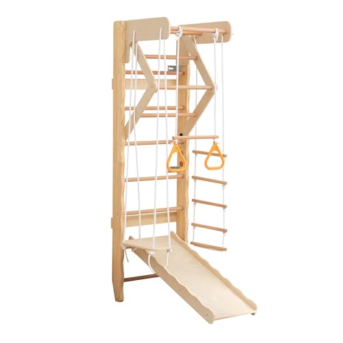 Wooden Indoor Jungle Gym 6-in-1 Playground Climbing Toys for Kids Ages 2-6, Climbing Playset Wall Ladder, Pull-Up Bar, Rope Ladder, and Gymnastic Rings, Supports 242 lbs (6-in-1) - size: 6-in-1