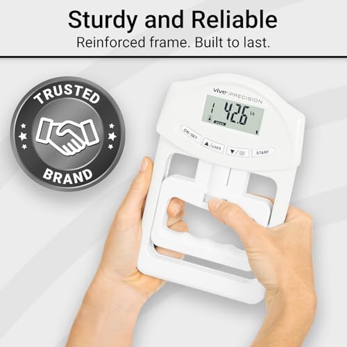 Vive Precision Grip Strength Tester - Hand Grip Dynamometer - Handheld | Digital Grip Measurement Meter Device Trainer Power 198 Lbs / 90 Kgs - Strengthener Exerciser for Sports, School and Home Use