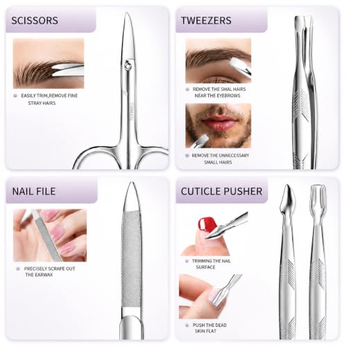Manicure Set, Stainless Steel Nail Clipper Set with Travel Case | 12-Piece Set with Thicker Steel, Precision-ground Cutting Edges, and Smooth-finished Tools for Clean, Precise Trimming. - color: Silver and Purple
