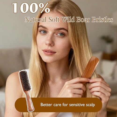 STYLEMATE Wild Boar Bristle Slick Back Hair Brush, Large Soft Bristle Hair Brushes for Thin & Fine Hair, Natural Sapele Wooden Handle Hairbrush for Women Men - size: Large