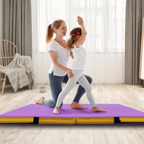 Goplus 4" Thick Folding Gymnastic Mat, Thickened Bi-Fold Fitness Mat with Carrying Handles & PU Leather Cover, Home Gym Tumbling Mat for Stretching, Pilates, Aerobics Workouts - color: Purple&Yellow