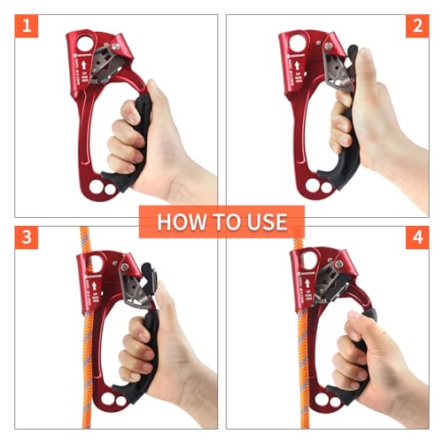 NewDoar UIAA & CE Certified Hand Ascender Rock Climbing Tree Arborist Rappelling Gear Equipment Rope Clamp for 8~13MM Rope - color: Red Pro-Right