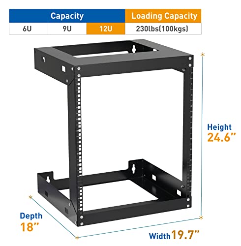 12U Wall Mount Rack Open Frame 19 Inch Server Equipment 2 Post Network Cabinet 18 inches Depth Black by Tedgetal - color: 12U