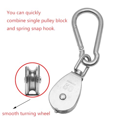 1PC 304 Stainless Steel M50 Single Pulley Block, Wire Rope Hanging Wire Towing Wheel, with 1PC Spring Snap Hook - size: M50-1pc