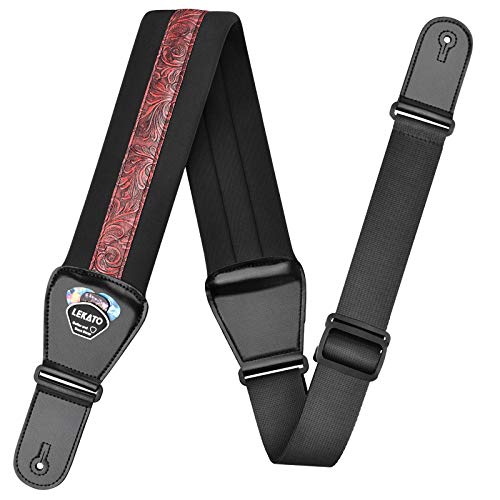 LEKATO Bass Guitar Strap - 3" Wide, Padded, Adjustable 45" to 55", With Pick Holder & 2 Safety Strap Locks - color: Red, size: Regular(45"-55")