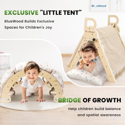 BlueWood Pikler Triangle Set with Cushion, 8-in-1 Climbing Toys for Toddlers, Montessori Philosophy Play Jungle Gym with Arch, Ramp, Ladder(Elegant Gray) | Foldable 8-in-1 Montessori Philosophy Toddler Climbing Toys Indoor with Reversible Ramp, Arch and L