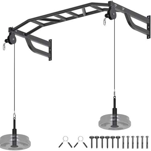 SELEWARE 48'' Heavy Duty Wall Mount Pull Up Bar with Cable Pulley System | Multi-function Chin up Bar with Cable Pulleys LAT Pulldown Attachments Heavy Bag Hanger for Home/Garage Gym Strength Training - color: C. Black Pull Up Bar with Cable Pulley System