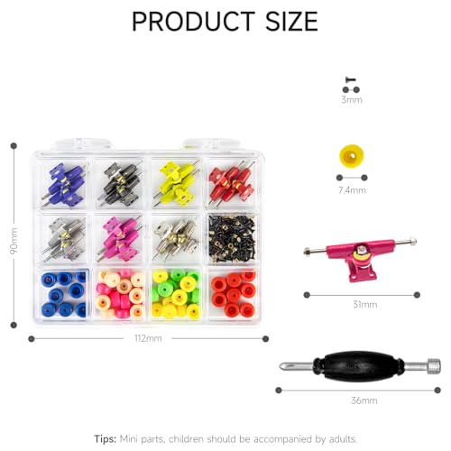 14Pcs Multicolour Trucks 48Pcs Wheels 60Pcs Screws & 30PCS Nuts & 4PCS Spanner Tool for 96mm Fingerboard Skateboard Wooden Deck Parts - color: Multicolour Trucks & Box