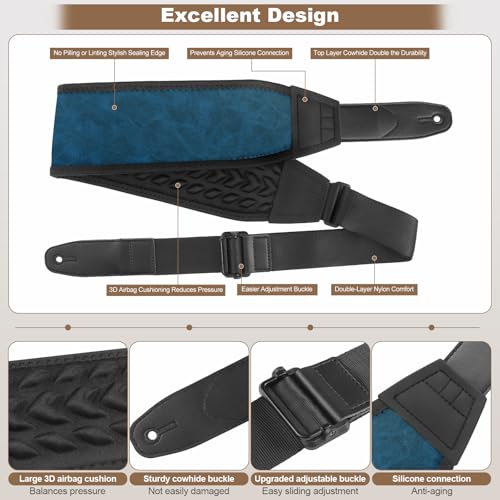 Guitar Straps for Electric Guitar Bass, Smooth Guitar Strap, 3" Wide Padded Straps with 3D Sponge Filling, Comes with 4 Picks + 2 Strap Locks + 1 Headstock Tie + 1 Tie Rope, Blue - color: Smooth Blue