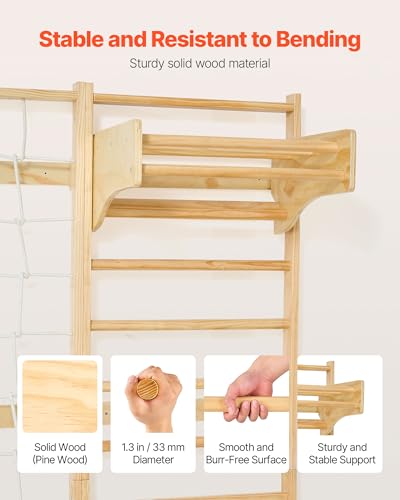 VEVOR Swedish Ladder Wall Gym, 8-in-1 12-Level Solid Wood Gymnastic Stall Bars for Kids Adults, 220LBS Indoor Jungle Gym Playset with Climbing Board, Gym Rings, Pull-Up Bar, Wall Ladder, Slide, Swing - style: 12-Level 8-in-1