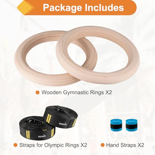 Wooden Gym Rings, 9ft Numbered Double-Layer Quick Adjust Straps | Sturdy wooden gymnastic rings build upper body and core strength for daily bodyweight fitness and muscle shaping routines