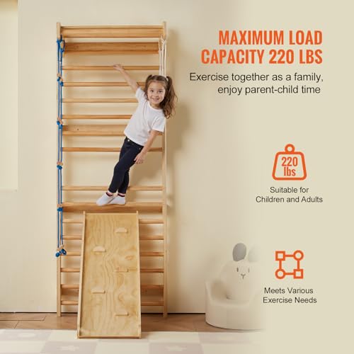 VEVOR Swedish Wall Gym, 15-Level 5 in 1 Wooden Indoor Jungle Gym, 220 lbs Load Capacity Playground Climbing Toys with Pull-Up Bar, Gymnastic Rings, Wall Ladder, Rope Ladder, and Slide Board - style: 15-Level 5 in 1