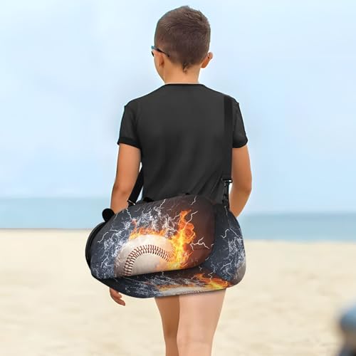 Kids Sports Duffel Bag for Boys & Girls - Baseball on Fire 100% Polyester Gym Bag with Separate Shoe Compartment, Adjustable Shoulder Strap, Compact Travel & Workout Gear Bag - color: Baseball on Fire