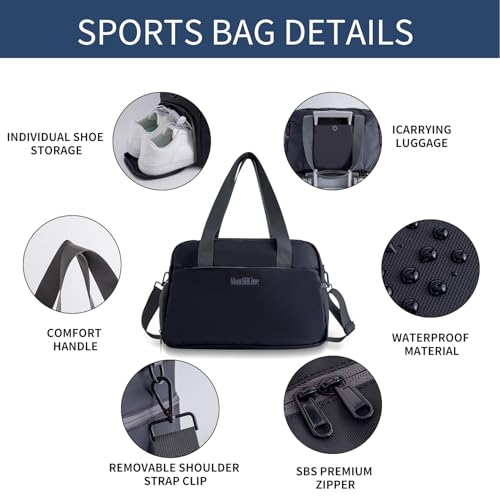 Gym Bag for Women Men with Shoe Compartment, Waterproof Small Duffle Bag for Travel, Sports, Weekend Lightweight Carry on Tote Bag, Black, 27L - color: Black