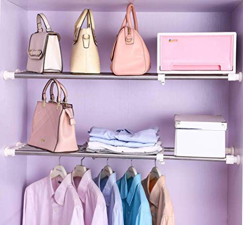 BAOYOUNI Expandable Closet Tension Shelf Rod Organizer Adjustable Storage Rack Heavy Duty Clothes Hanger Metal Space Saving Divider for Bathroom Kitchen Cupboard Wardrobe Bookshelf 32''-46'', Ivory | Adjustable Wardrobe Divider Rod，Space Saving Clothes St