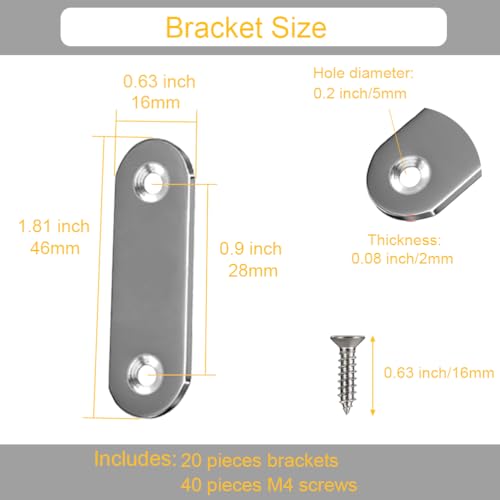 20PCS Straight Brace Brackets 2 Inch Stainless Steel Flat Mending Plates, Repair Fixing Joining Brackets for Wood Furniture with Screws - size: 1.81 inches (20 Pieces)