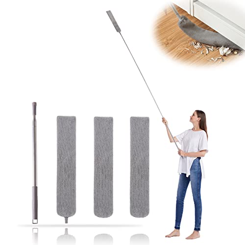 Retractable Gap Dust Cleaner with 3 Reusable Microfiber Dusting Cloths, Under Appliance/Refrigerator/Furniture Cleaning Tool with 100” Extension Pole, Washable Flat Gap Cleaning Duster by OOSOFITT - color: Gray, size: Gap Duster