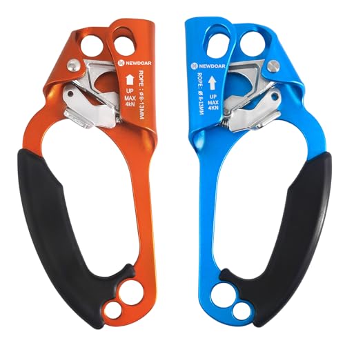 NewDoar UIAA & CE Certified Hand Ascender Rock Climbing Tree Arborist Rappelling Gear Equipment Rope Clamp for 8~13MM Rope - color: Orange-Left+Blue-Right