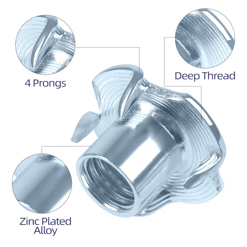 M4 T-Nuts zinc Plated Steel, 4-Pronged Tee Nut for Wood, Rock Climbing Holds, Furniture, 100 PCS - color: Zinc Coated Steel, size: M4