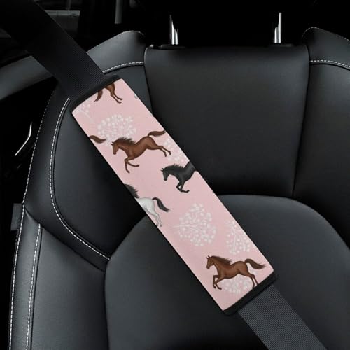 2PCS Grey White Brown Horses Flowers Pink Seat Belt Cover Breathable Seat Belt Cushion for Adults and Children, All Vehicles, Comfortable Driving - color: Pattern 1080