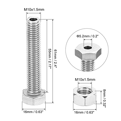 PATIKIL M10x55mm Hollow External Hexagon Screw, 2 Set Cylindrical Lamp Threading Socket Screws Through Hole Bolt with Nut 304 Stainless Steel - size: 55mm