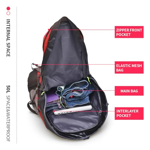 Bseash 50L Hiking Backpack, Water Resistant Lightweight Outdoor Sport Daypack Travel Bag for Camping Climbing Skiing Cycling (Red - No Shoe Compartment) - color: Red - No Shoe Compartment