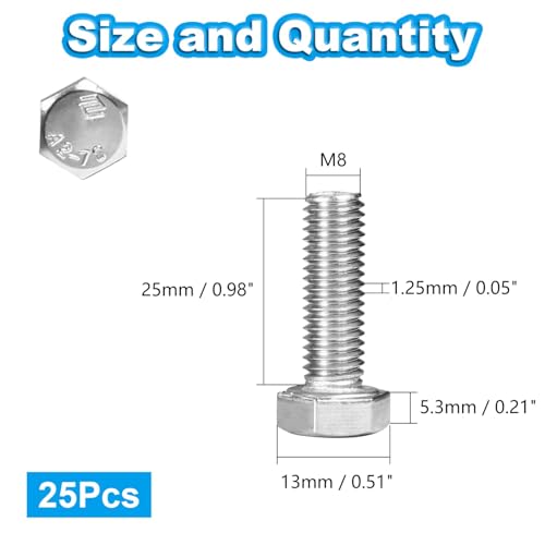 25 Pcs M8 Hex Bolts M8-1.25 x 25mm Hex Head Screw Bolt 304 Stainless Steel M8-1.25mm Hexagon Bolts Hex Head Screws, Metric Machine Fully Thread, Bright Finish - size: M8-1.25 x 25mm