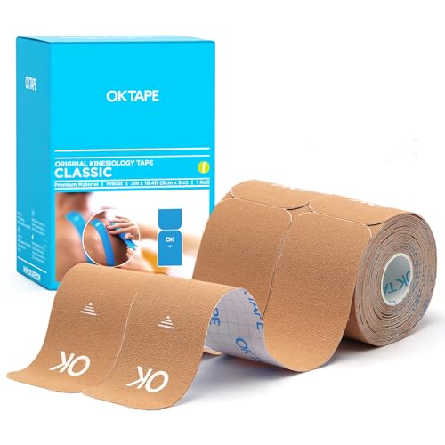 OK TAPE Precut Elastic Kinesiology Tape, 20 Strips, 2inch x 16ft, 2 Rolls | Sensitive Skin Friendly Latex Free Hypoallergenic Athletic Tape Roll for Muscle Joint Knee Waterproof Beige - color: Beige, size: 2 Rolls