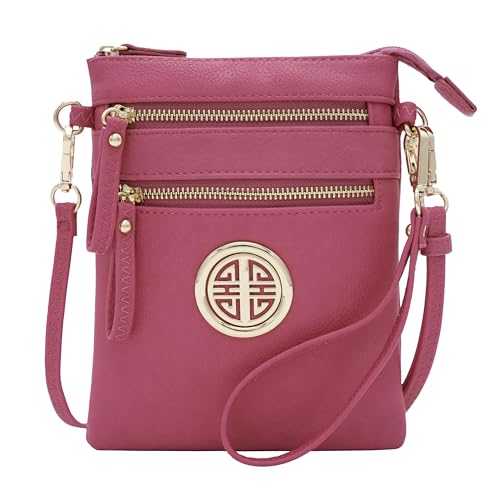 Solene Small Multi Zipper Pockets Crossbody Bag with Detachable Wristlet - color: Fuchsia