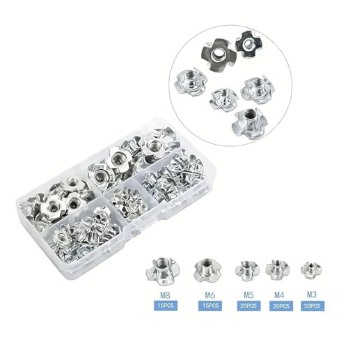 CHATROOM 90pcs/Box M3 M4 M5 M6 M8 Carbon Steel T-Nuts Four Claws Nut Assortment Kit for Wood Rock Climbing Holds Cabinetry Furniture