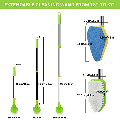 Extendable Scrub Cleaning Brush with Long Handle 35'' - Floor Scrubber | 1 Stiff Bristles & 3 Sponge Brush, Adjustable Lightweigh Kitchen Brush for Baseboard Shower Bathroom Bathtub Tile