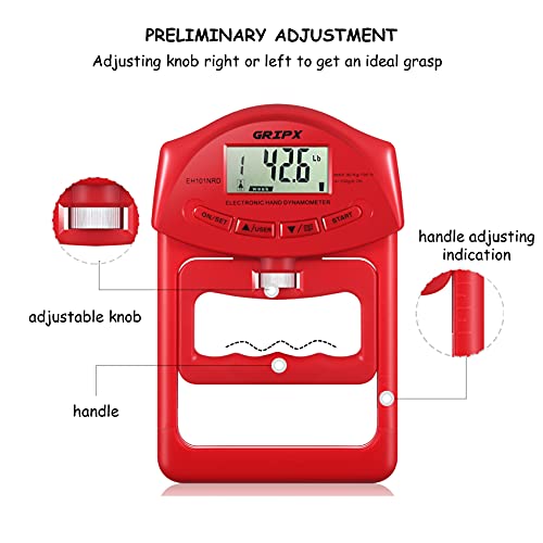 Digital Hand Dynamometer Grip Strength Measurement Meter Auto Capturing Electronic Hand Grip Power 198Lbs / 90Kgs - color: Red