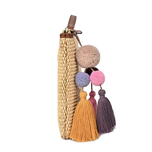 Luxury Straw Wristlet Pouch Beach Clutch Bag Small Summer Vacation Purse w. Colorful Pom Poms Tassels for Women - color: Brown