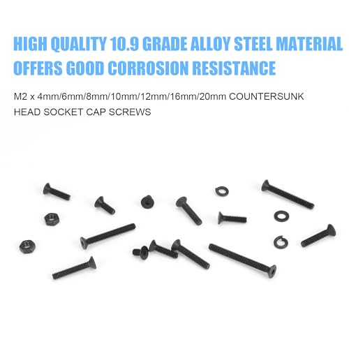 DYWISHKEY 566 Pieces M2 Black Screws, 10.9 Grade Alloy Steel M2x 4/6 /8/10 /12/16 /20mm Countersunk Head Socket Cap Screws Bolts Nuts Washers Assortment Kit - size: M2, style: Countersunk Head Socket Cap