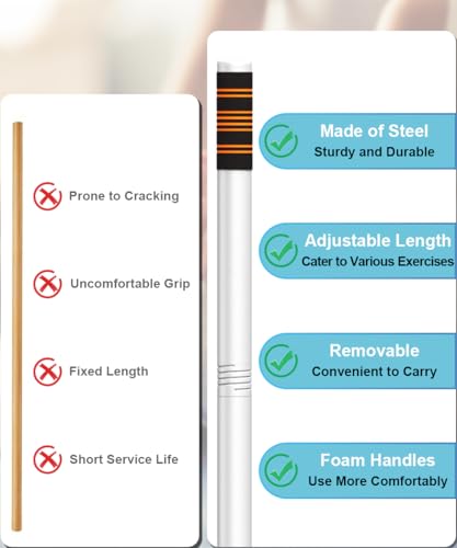 Queension 5ft Adjustable Yoga Stick with Non-Slip Foam Sleeveds for Balance | Made of Sturdy Alloy Steel, Stretching & Mobility Stick, Exercise Fitness Pole for Balance & Pilates - color: White