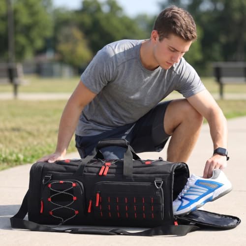 50L Tactical Gym Bag for Men and Women with Shoe & Laptop Compartment | Extra Large Duffle Bag, 3-in-1 Travel Sports Duffel Bags MOLLE Weekender Overnight Bag for Gym, Travel, Black+Red - color: Black+Red