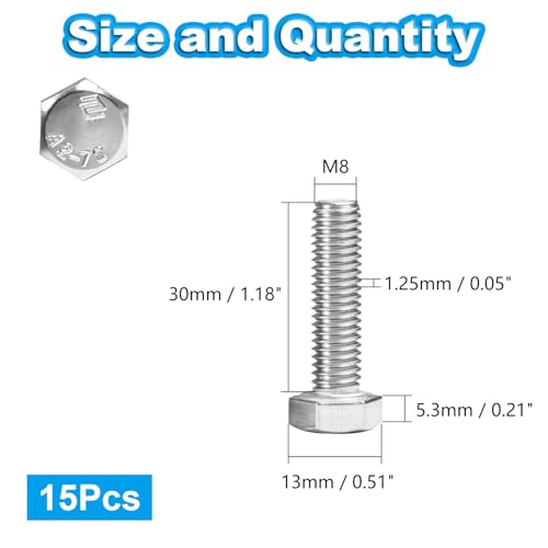 15 Pcs M8 Hex Bolts M8-1.25 x 30mm Hex Head Screw Bolt 304 Stainless Steel M8-1.25mm Hexagon Bolts Hex Head Screws, Metric Machine Fully Thread, Bright Finish - size: M8-1.25 x 30mm