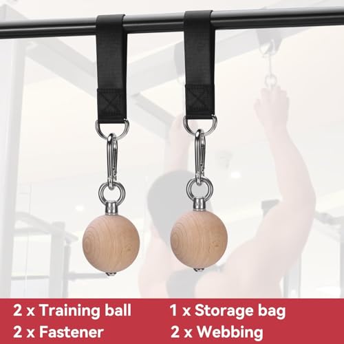 HERCHR Rock Climbing Training Pull Up Ball Hold Grips, Wooden Non-Slip Hand Grips Balls & Straps for Strength Training, Forearm and Chin Up Bar, Kettlebell, Barbell, Home Gym Workout