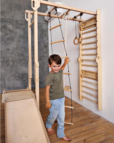 9-in-1 Wooden Indoor Climbing Frame for Children, Montessori-Inspired Climbing Set with Wall Bars, Monkey Bars, Pull-Up Bar, Rings, Swing, Rope Ladder, Climbing Board, Slide & Platform - size: Indoor Play Gym